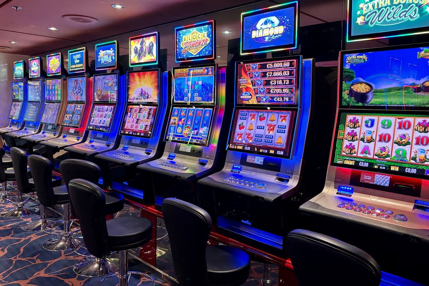 Row of video slot machines on a casino floor