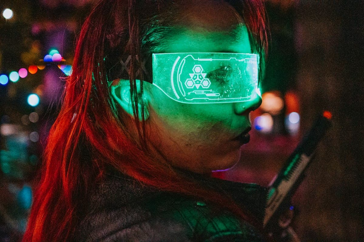 Person wearing glowing futuristic glasses in neon light