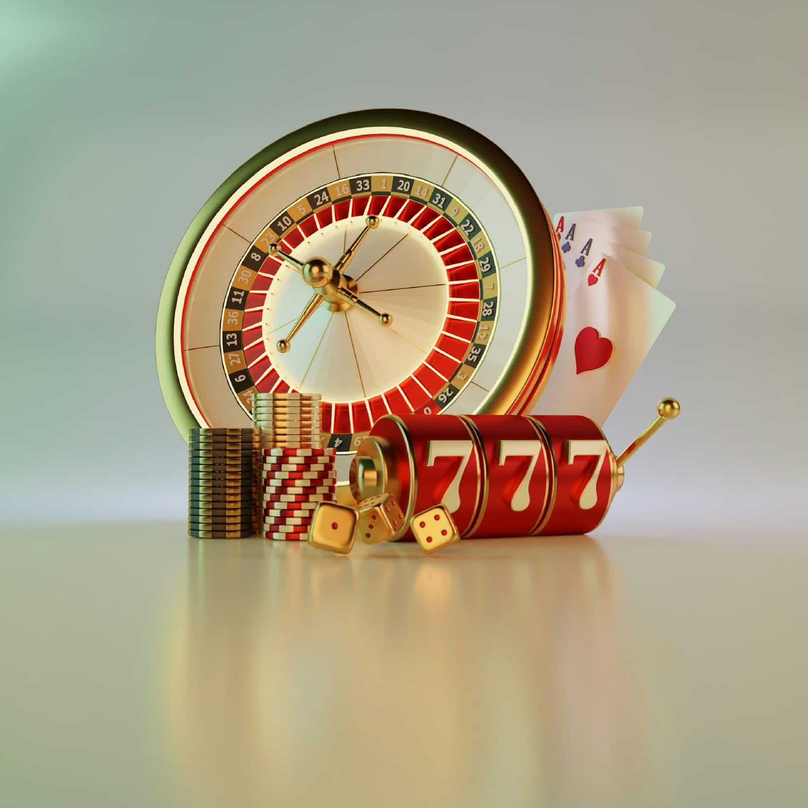 3D roulette wheel, slot reels and casino chips